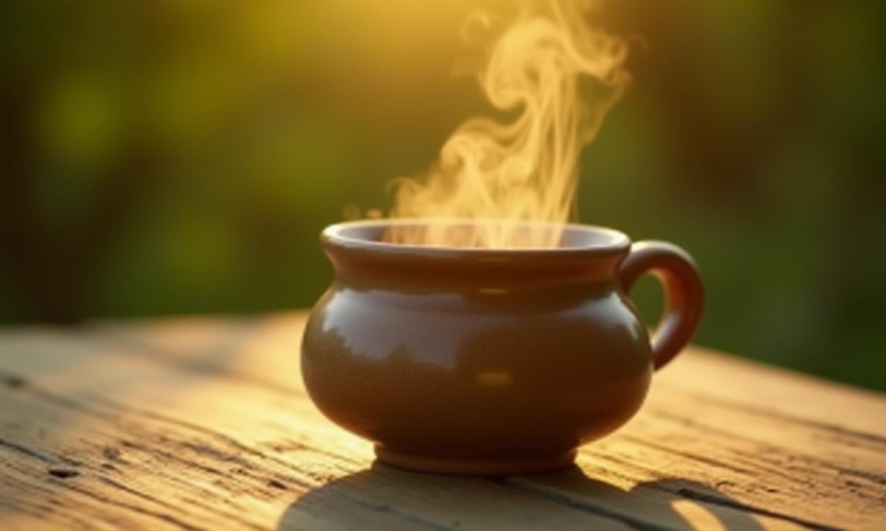 Close-up of a traditional steaming tea cup on a rustic wooden table