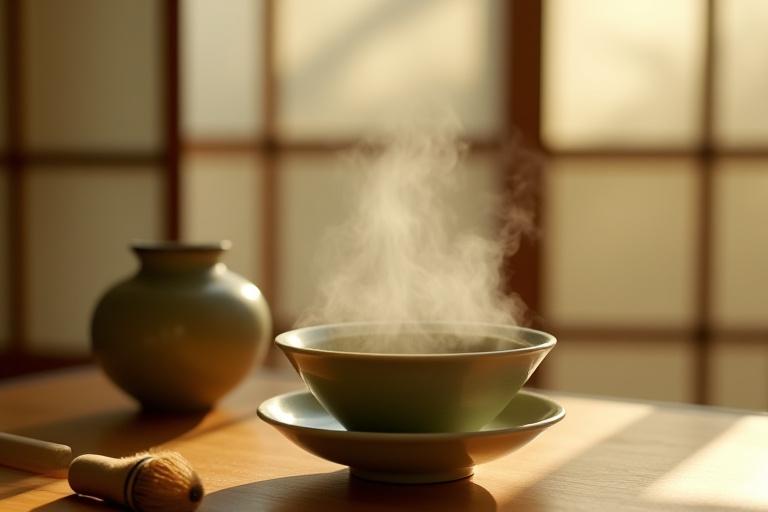 Close up of a traditional Asian tea ceremony with ceramic tools