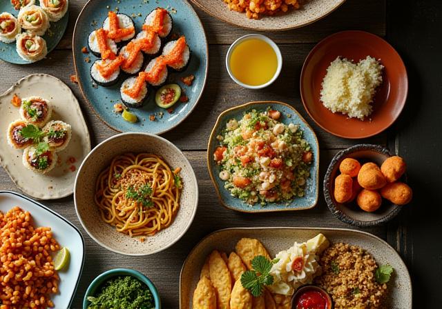 A variety of international dishes arranged on a table showing different dining styles