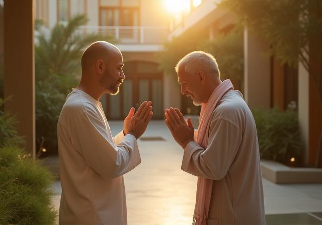 Two people engaged in a respectful traditional greeting