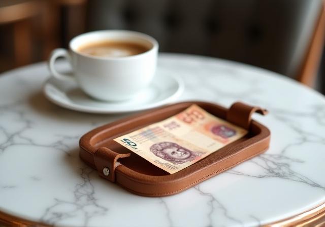 A small bill and coins on a cafe table representing global tipping customs