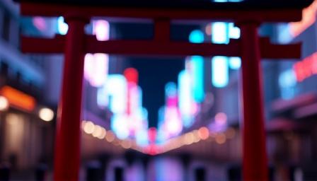 Ancient temple gate transitioning into a modern neon city skyline