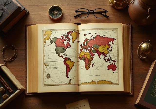 Close up of a vintage map and cultural artifacts