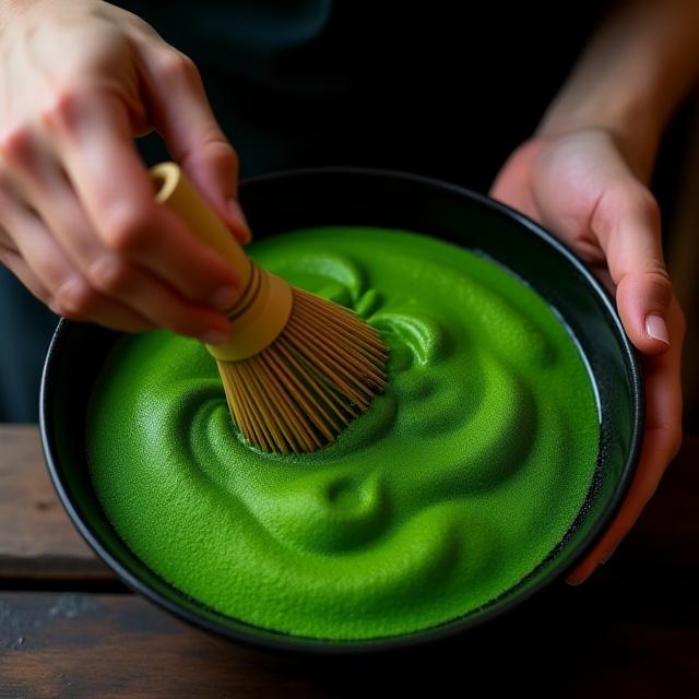 Japanese tea master whisking matcha powder in a traditional bowl