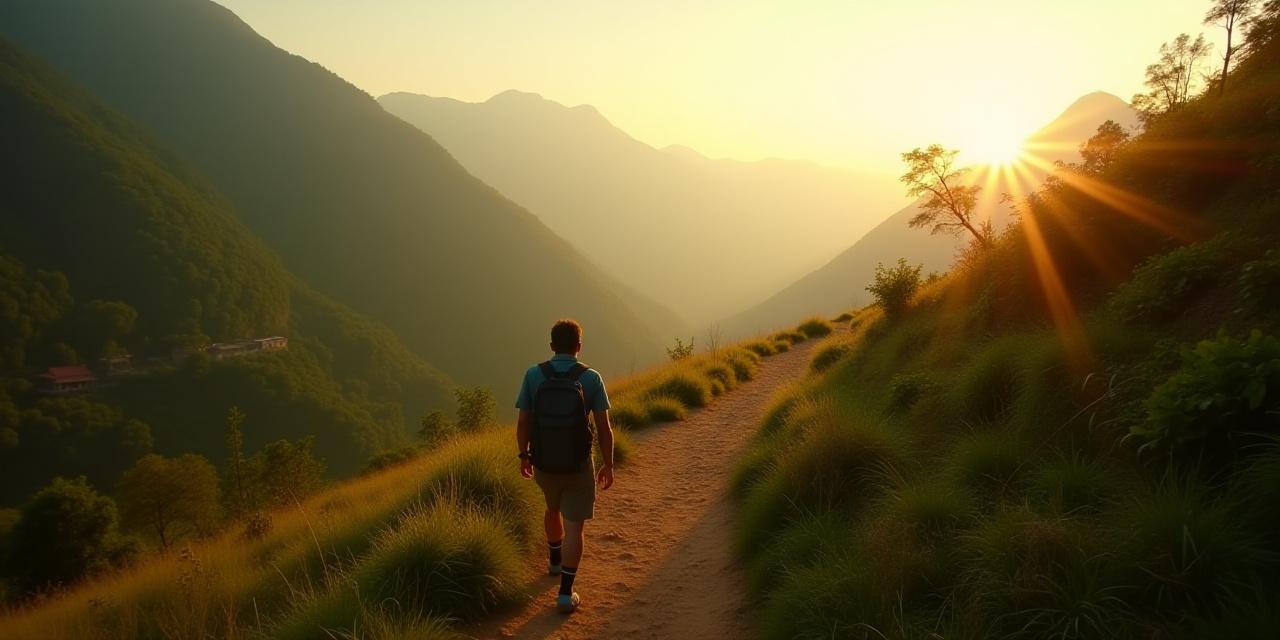 A serene landscape showing a traveler walking on a path in a sustainable eco-village
