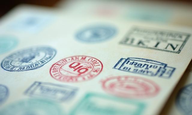 Close up of various European passport stamps on aged paper