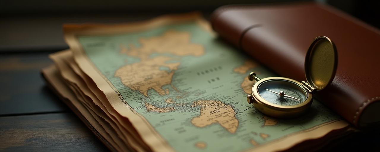 Close-up of an antique compass and vintage map on a wooden desk