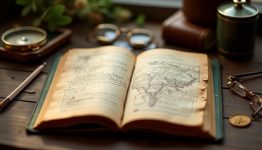 An open antique travel journal and brass compass on a wooden table